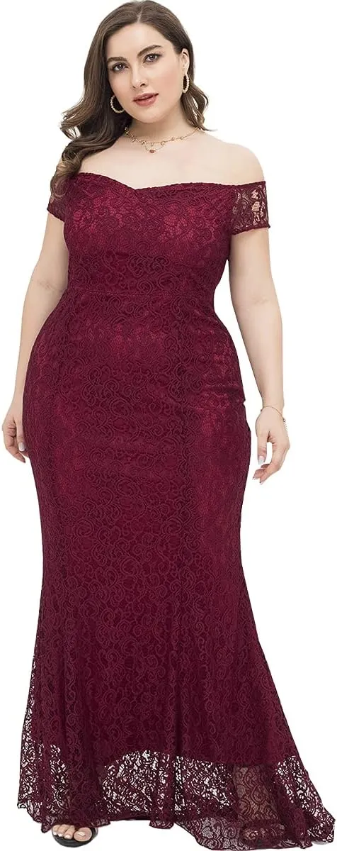 Women Plus Size Floral Lace Off-The-Shoulder Mermaid Maxi Prom Dress