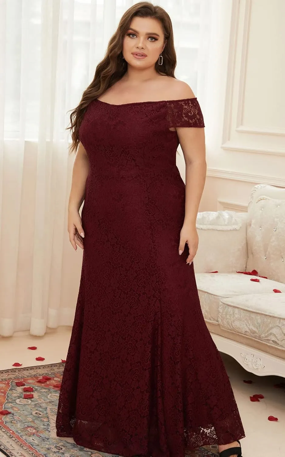 Women Plus Size Floral Lace Off-The-Shoulder Mermaid Maxi Prom Dress