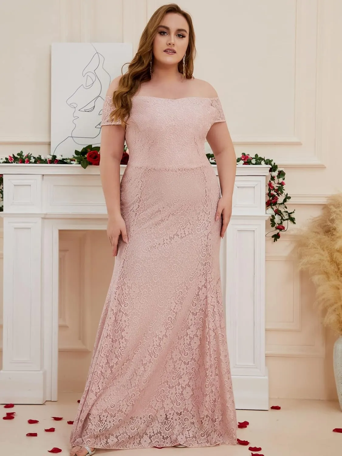 Women Plus Size Floral Lace Off-The-Shoulder Mermaid Maxi Prom Dress