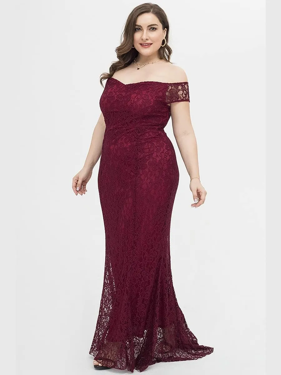 Women Plus Size Floral Lace Off-The-Shoulder Mermaid Maxi Prom Dress