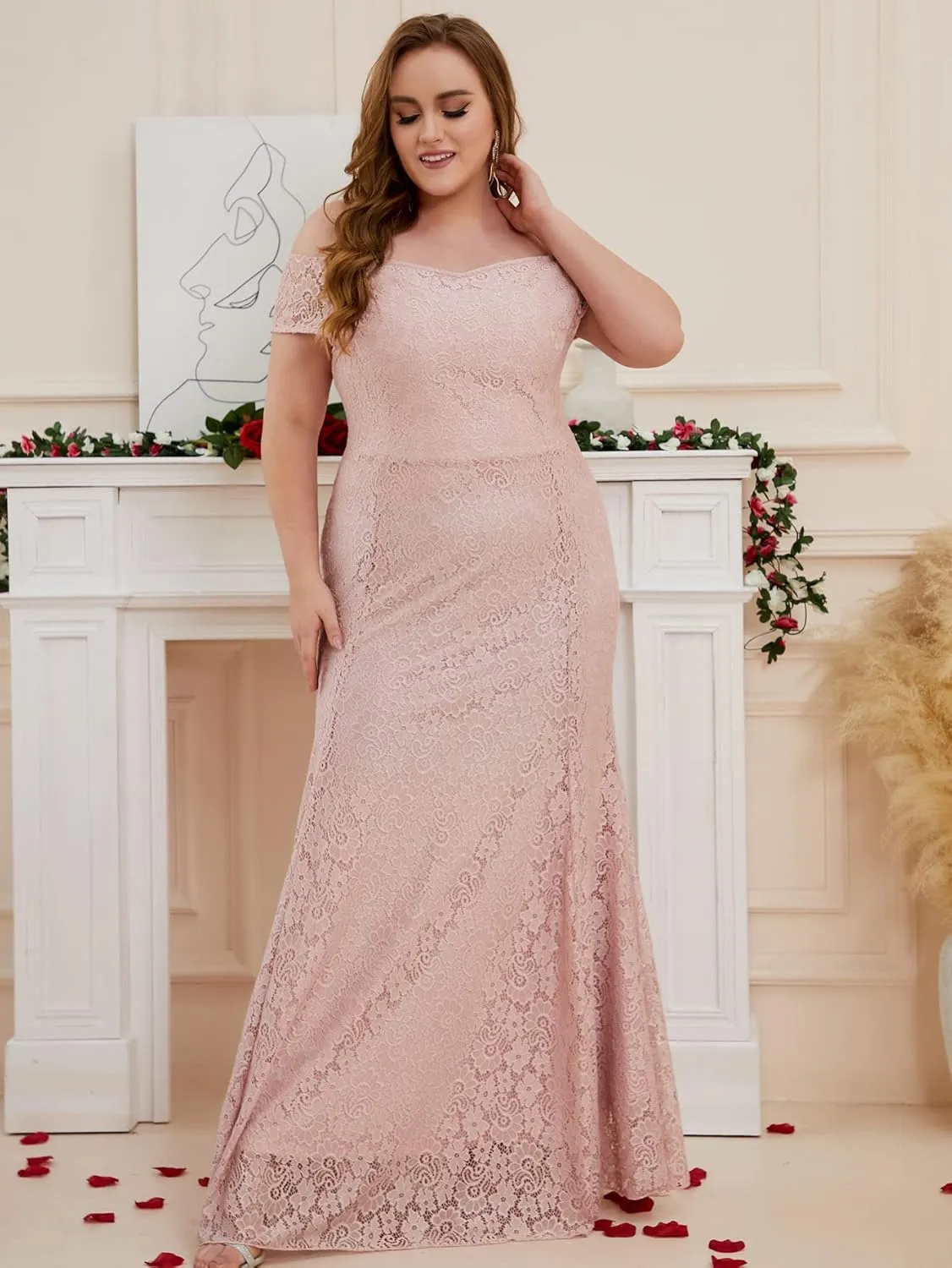 Women Plus Size Floral Lace Off-The-Shoulder Mermaid Maxi Prom Dress