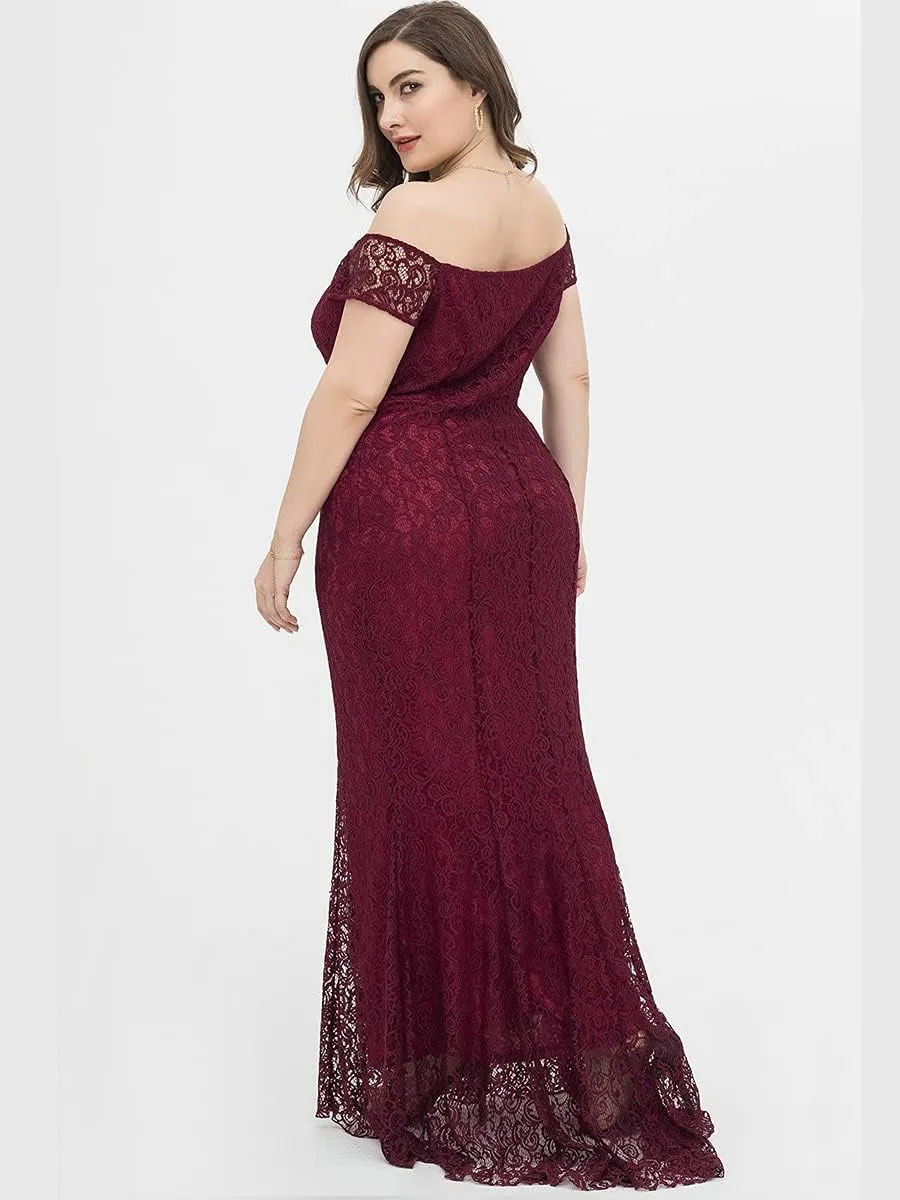 Women Plus Size Floral Lace Off-The-Shoulder Mermaid Maxi Prom Dress