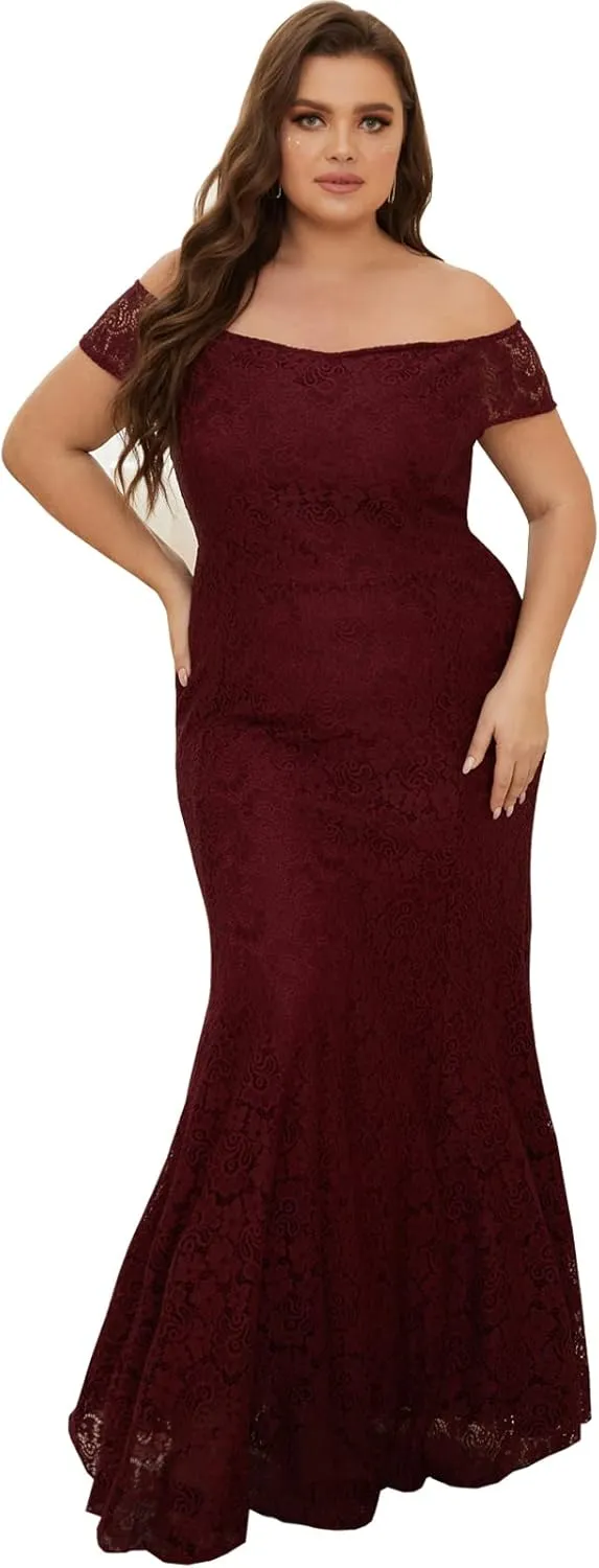 Women Plus Size Floral Lace Off-The-Shoulder Mermaid Maxi Prom Dress