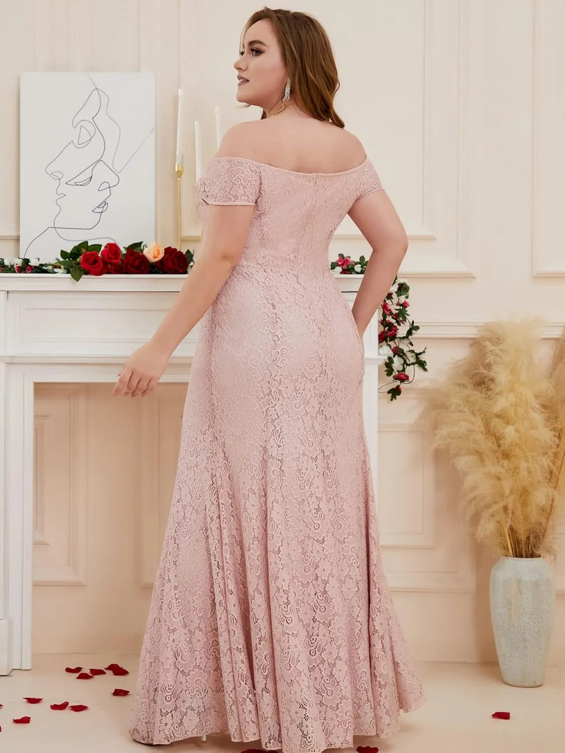 Women Plus Size Floral Lace Off-The-Shoulder Mermaid Maxi Prom Dress