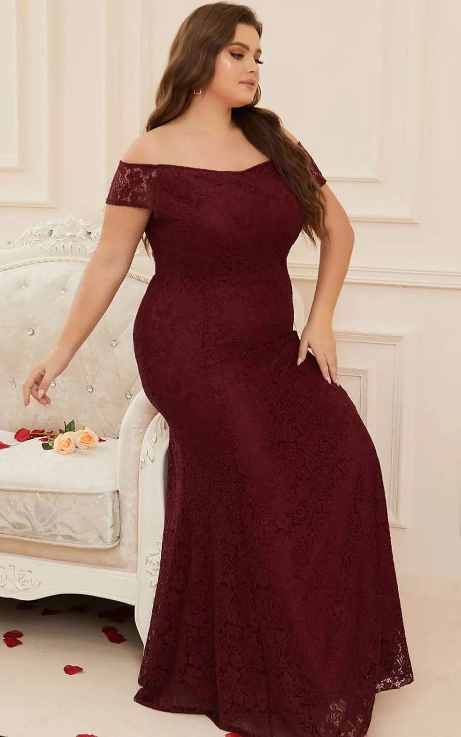 Women Plus Size Floral Lace Off-The-Shoulder Mermaid Maxi Prom Dress