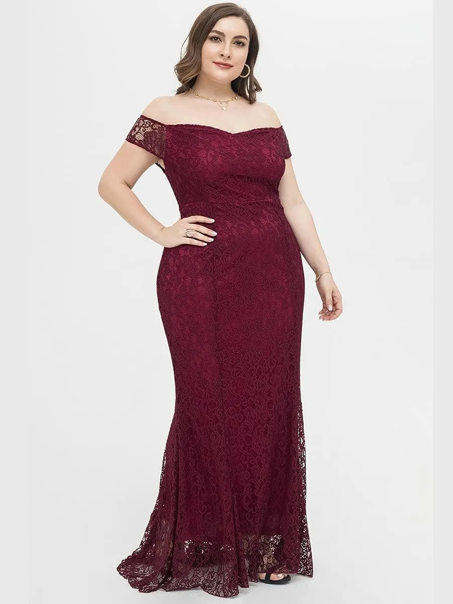 Women Plus Size Floral Lace Off-The-Shoulder Mermaid Maxi Prom Dress
