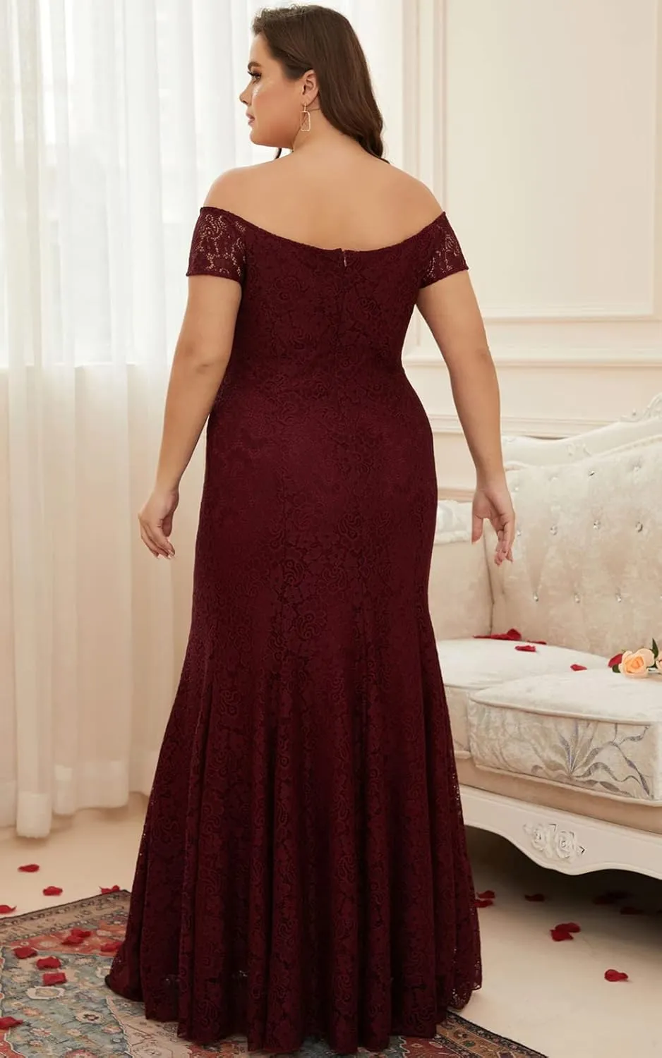 Women Plus Size Floral Lace Off-The-Shoulder Mermaid Maxi Prom Dress