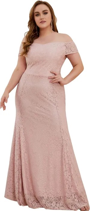 Women Plus Size Floral Lace Off-The-Shoulder Mermaid Maxi Prom Dress