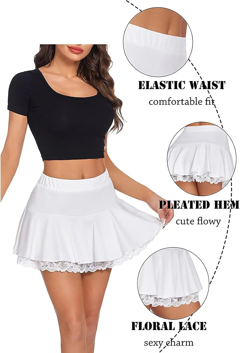 Women Ruffle Mini Skirt Pleated Lace Short Skirts for Schoolgirl Festival Costumes, Party, Beach