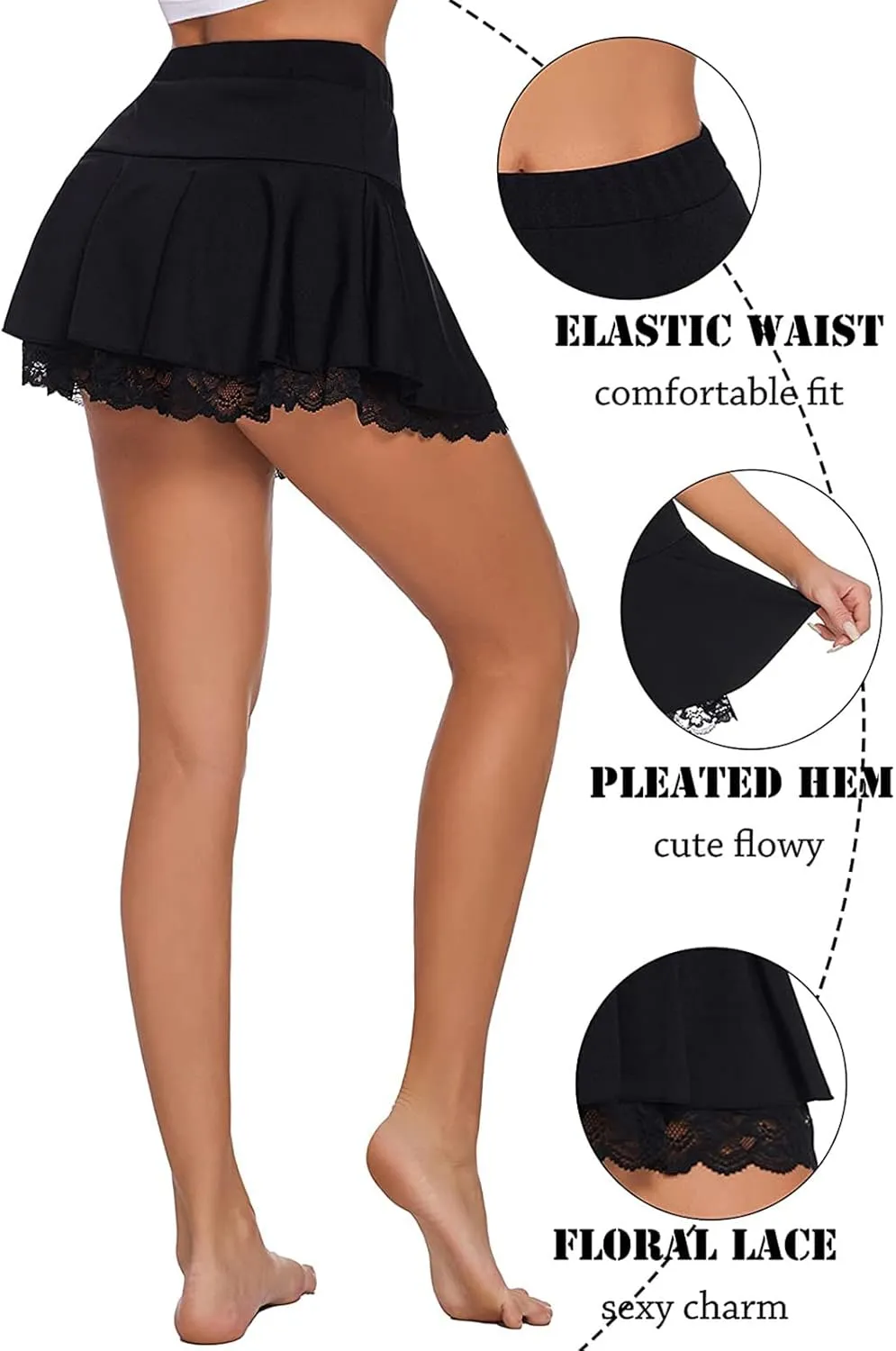 Women Ruffle Mini Skirt Pleated Lace Short Skirts for Schoolgirl Festival Costumes, Party, Beach
