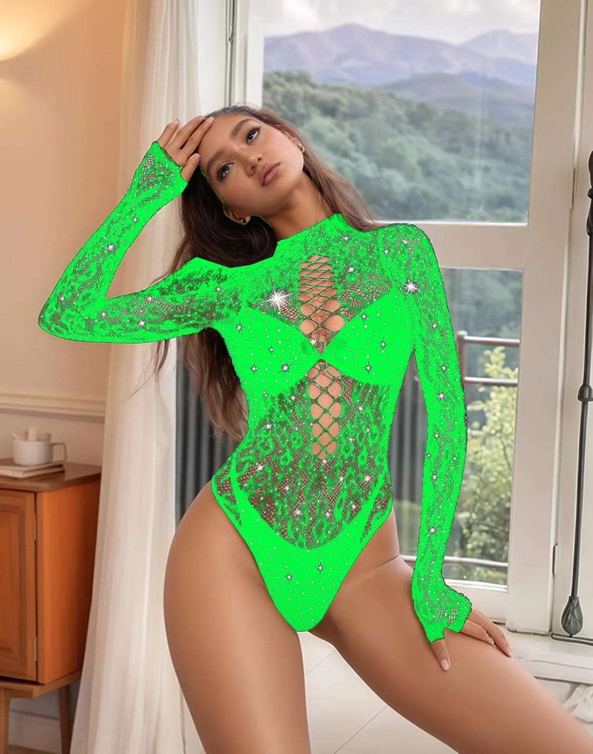 Women Sexy Lace Leopard Fishnet Bodysuit, One Piece Mesh Full Rhinestone Lingerie, Sparkle Music Festival Rave Outfits