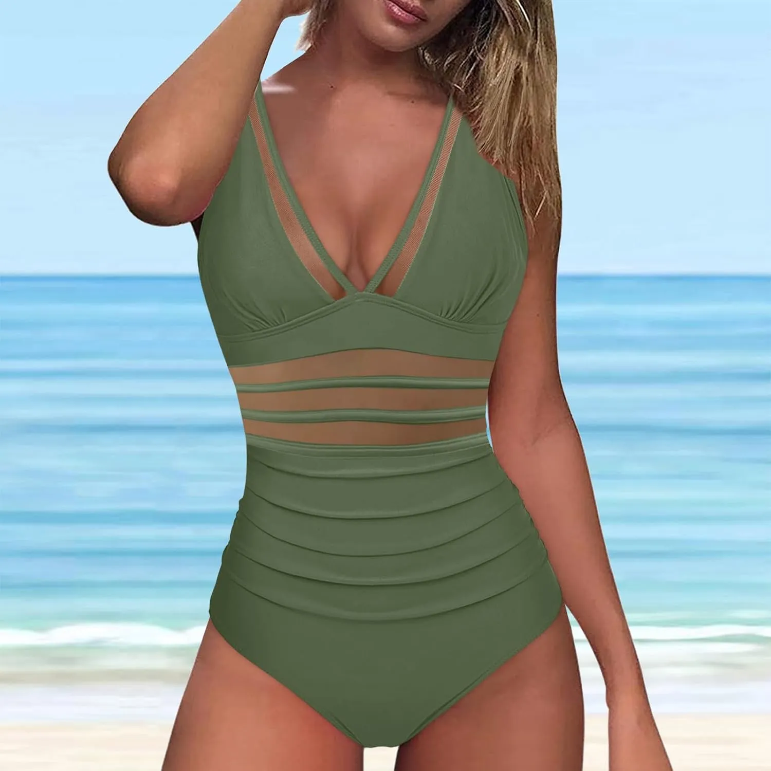 Women Sexy Mesh Splicing Swimsuits Tummy Control One Pice Bathing Suit Pleated Front Swimwear with Built in Bra