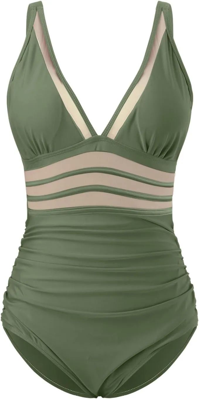 Women Sexy Mesh Splicing Swimsuits Tummy Control One Pice Bathing Suit Pleated Front Swimwear with Built in Bra