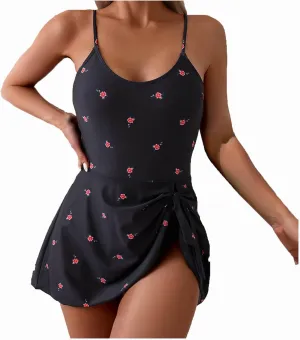Women Sexy One Piece Swim Dress Summer Floral Printed Strap Tie Backless Bathing Suits Fashion Beach Party Swimsuits