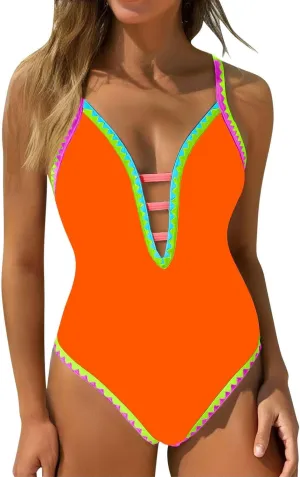 Women Sexy Swimsuits One Piece Deep V Neck Cutout Bathing Suits Tummy Control Color Block Cute Swim Suits 2025 Summer