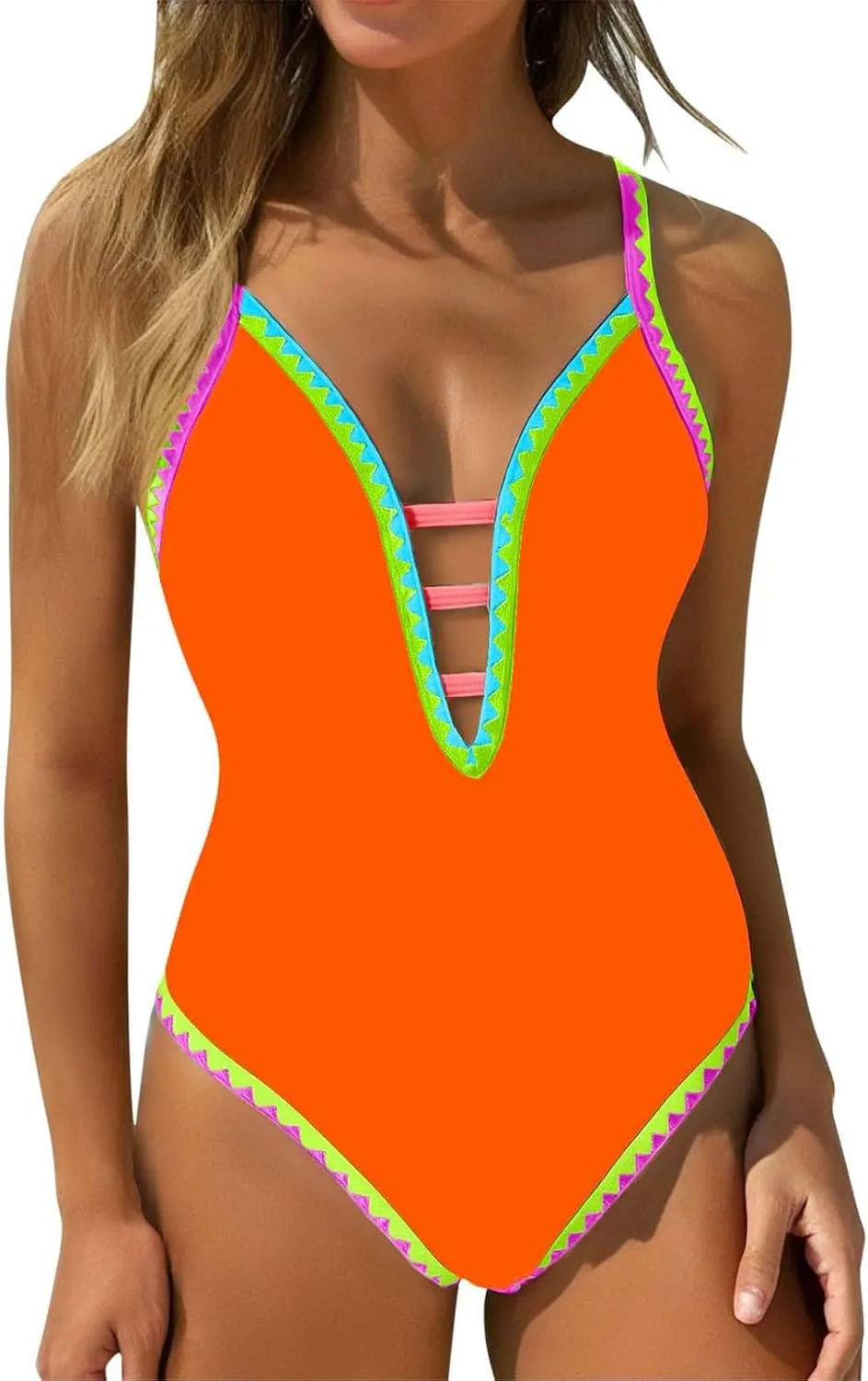 Women Sexy Swimsuits One Piece Deep V Neck Cutout Bathing Suits Tummy Control Color Block Cute Swim Suits 2025 Summer