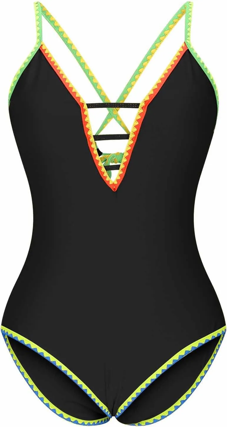 Women Sexy Swimsuits One Piece Deep V Neck Cutout Bathing Suits Tummy Control Color Block Cute Swim Suits 2025 Summer