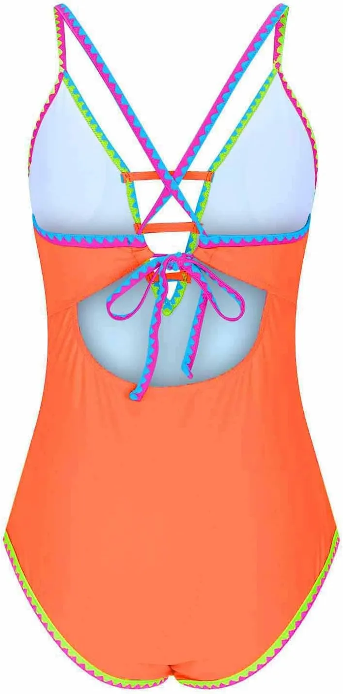Women Sexy Swimsuits One Piece Deep V Neck Cutout Bathing Suits Tummy Control Color Block Cute Swim Suits 2025 Summer