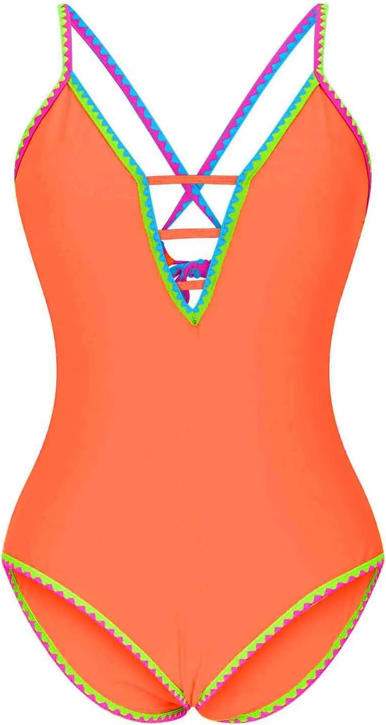 Women Sexy Swimsuits One Piece Deep V Neck Cutout Bathing Suits Tummy Control Color Block Cute Swim Suits 2025 Summer