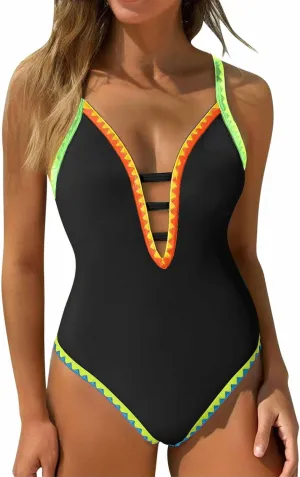 Women Sexy Swimsuits One Piece Deep V Neck Cutout Bathing Suits Tummy Control Color Block Cute Swim Suits 2025 Summer