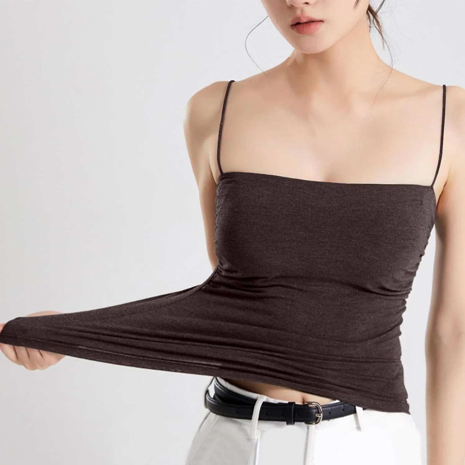 Women Spaghetti Straps Cotton Camisole Summer Comfy Built in Bra Yoga Crop Tops Square Neck Sleeveless Slim T-Shirts