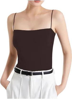 Women Spaghetti Straps Cotton Camisole Summer Comfy Built in Bra Yoga Crop Tops Square Neck Sleeveless Slim T-Shirts