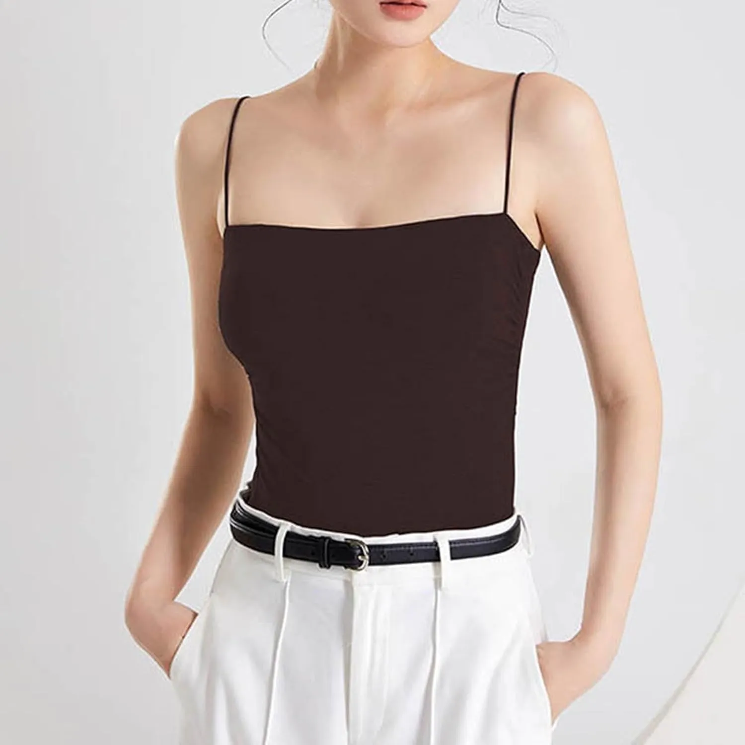 Women Spaghetti Straps Cotton Camisole Summer Comfy Built in Bra Yoga Crop Tops Square Neck Sleeveless Slim T-Shirts