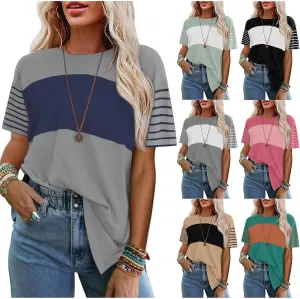 Women Summer Casual Shirts Short Sleeve Striped Loose Crewneck Color Block Tops Vacation Trendy Tshirts Tee Blouses