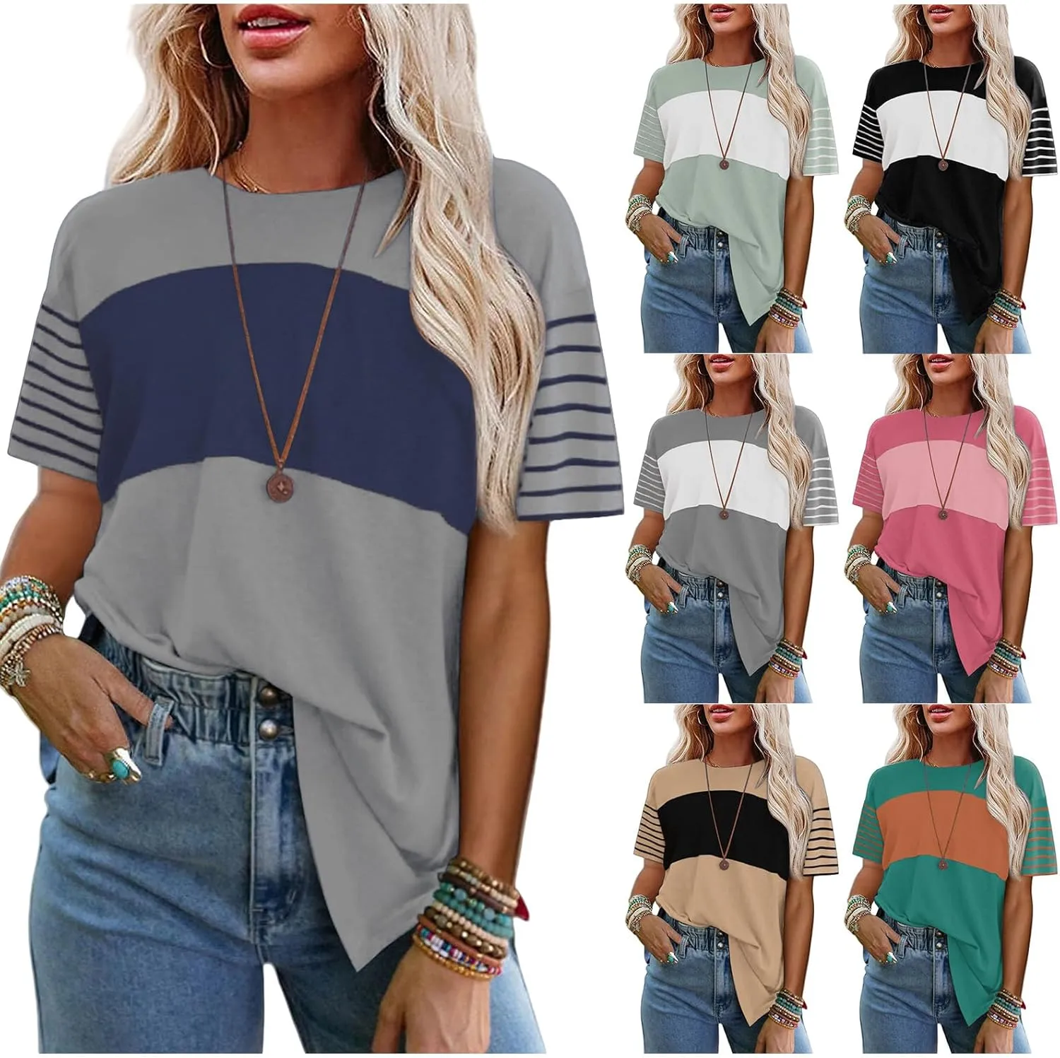 Women Summer Casual Shirts Short Sleeve Striped Loose Crewneck Color Block Tops Vacation Trendy Tshirts Tee Blouses