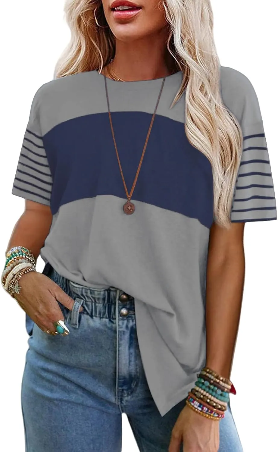 Women Summer Casual Shirts Short Sleeve Striped Loose Crewneck Color Block Tops Vacation Trendy Tshirts Tee Blouses