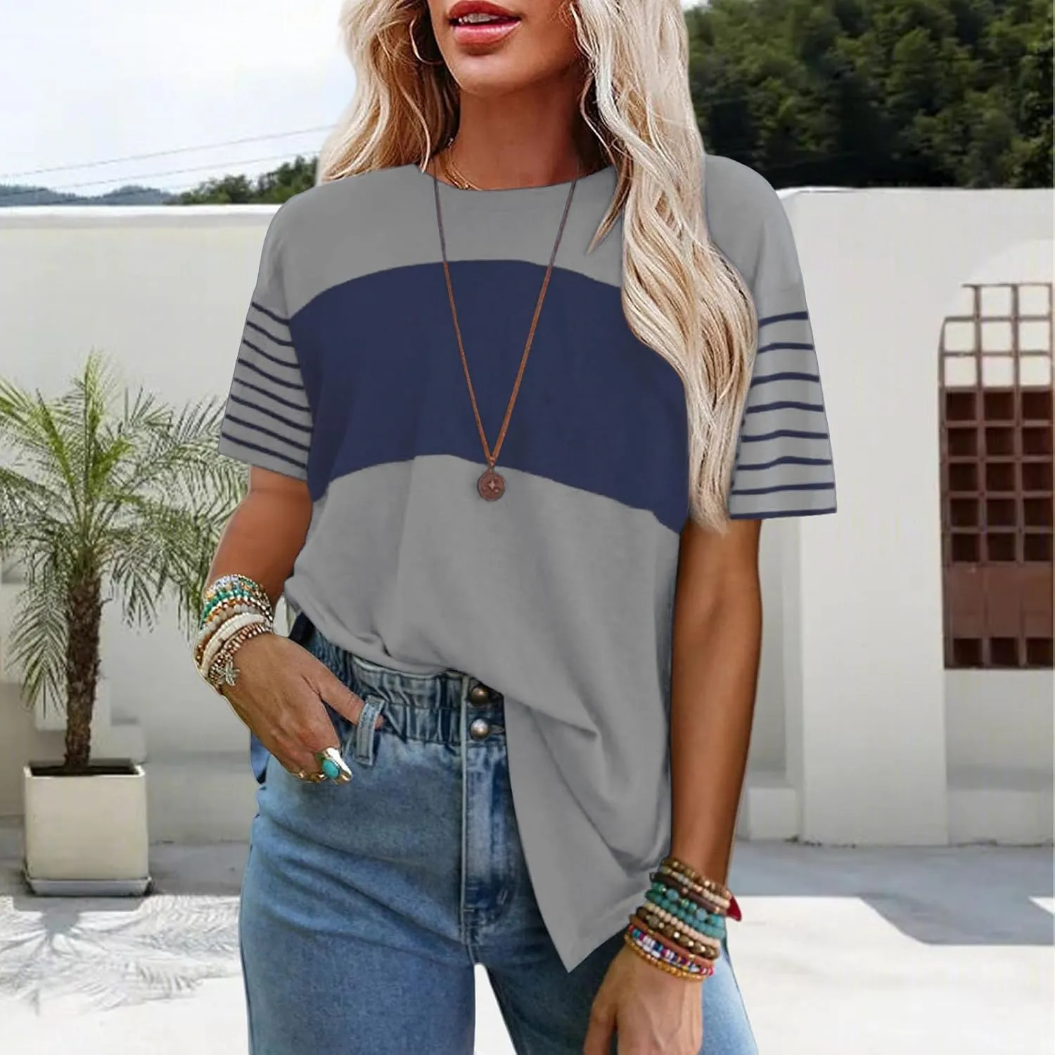 Women Summer Casual Shirts Short Sleeve Striped Loose Crewneck Color Block Tops Vacation Trendy Tshirts Tee Blouses