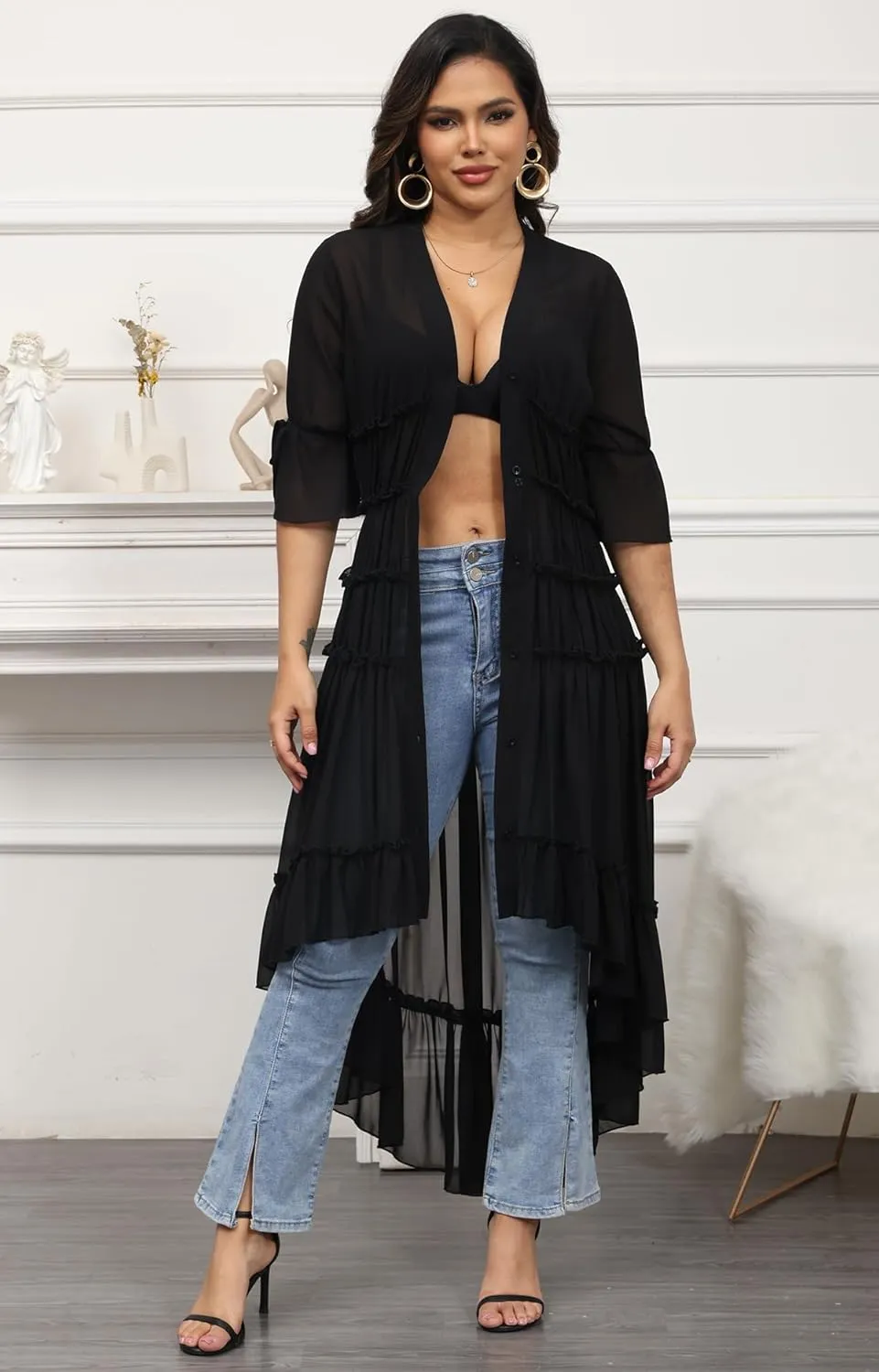 Women Summer Flowy Button Down Maxi Shirt Dress Sexy Swimsuit Beach Coverup Long Kimono Cardigan