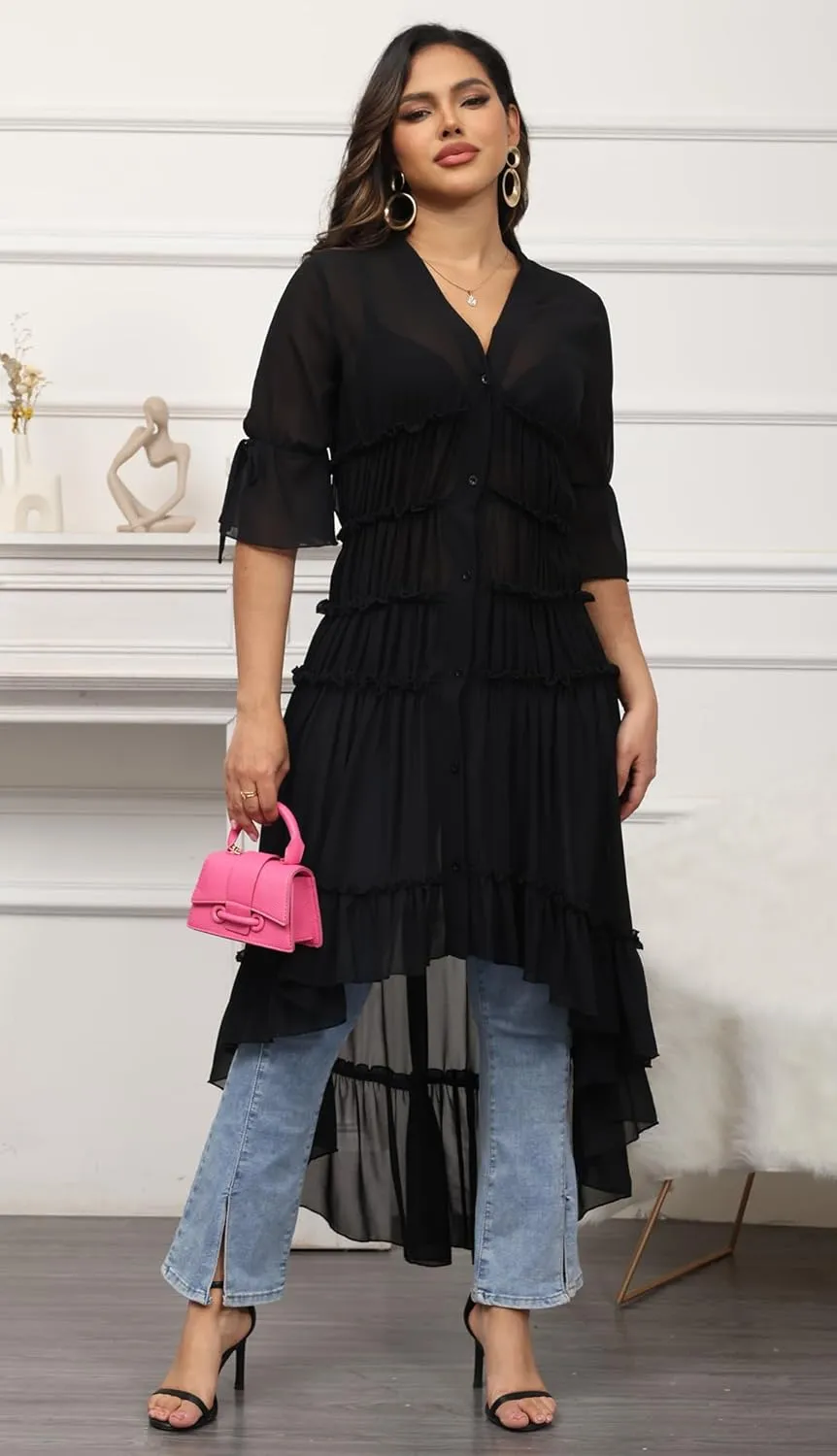 Women Summer Flowy Button Down Maxi Shirt Dress Sexy Swimsuit Beach Coverup Long Kimono Cardigan