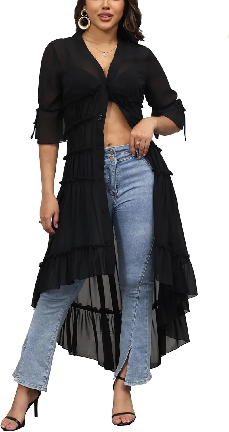 Women Summer Flowy Button Down Maxi Shirt Dress Sexy Swimsuit Beach Coverup Long Kimono Cardigan