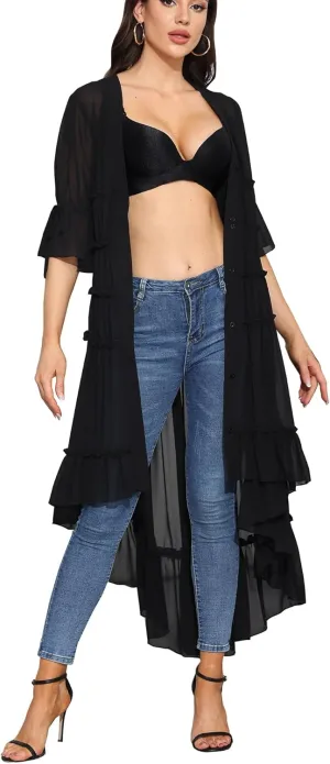 Women Summer Flowy Button Down Maxi Shirt Dress Sexy Swimsuit Beach Coverup Long Kimono Cardigan