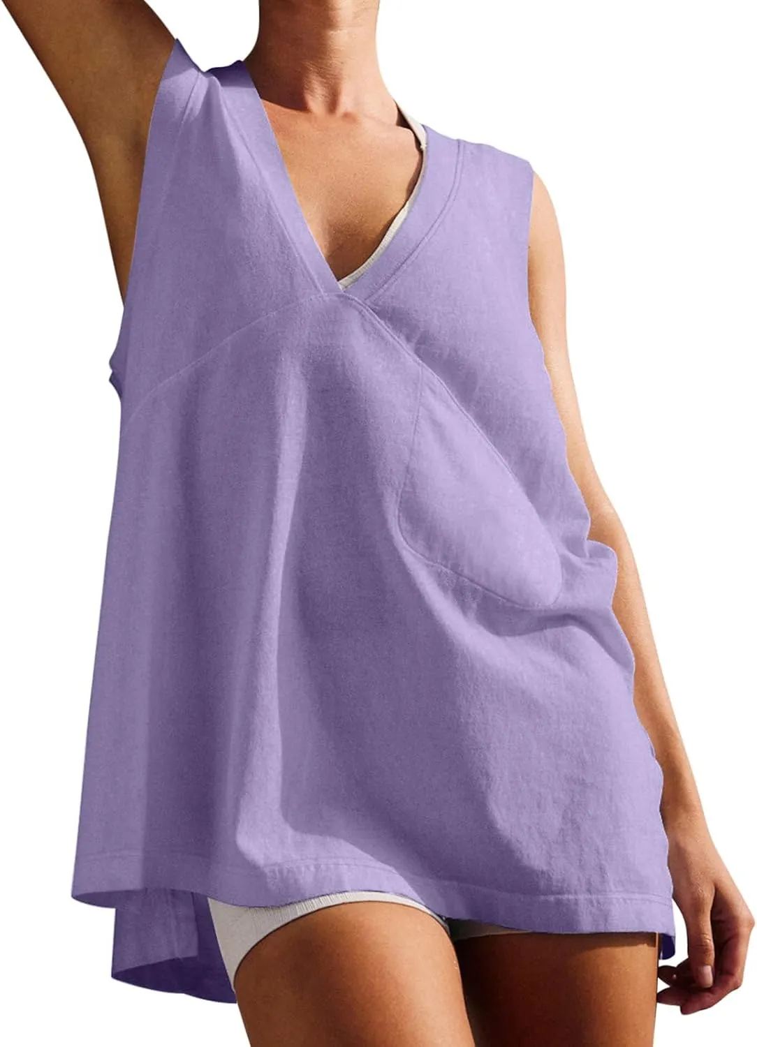 Women Tank Tops Summer Deep V Neck Sleeveless Ruched Side Slit Shirts Casual Fashion Loose Fit Athletic Gym Blouse
