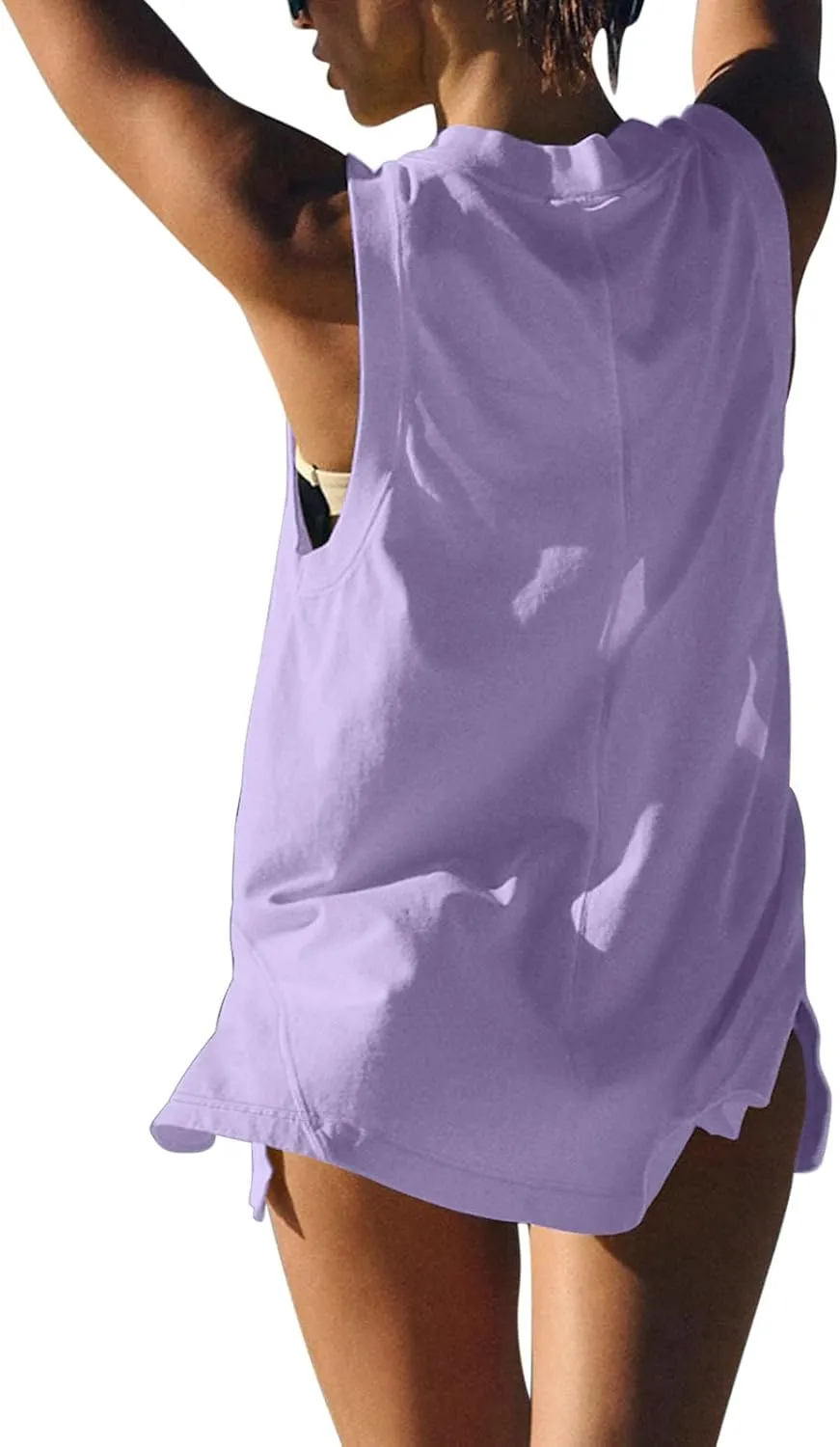 Women Tank Tops Summer Deep V Neck Sleeveless Ruched Side Slit Shirts Casual Fashion Loose Fit Athletic Gym Blouse