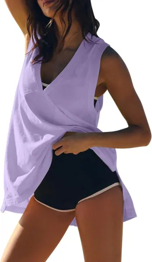 Women Tank Tops Summer Deep V Neck Sleeveless Ruched Side Slit Shirts Casual Fashion Loose Fit Athletic Gym Blouse