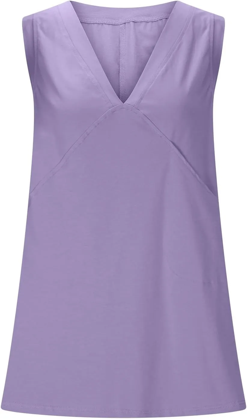 Women Tank Tops Summer Deep V Neck Sleeveless Ruched Side Slit Shirts Casual Fashion Loose Fit Athletic Gym Blouse
