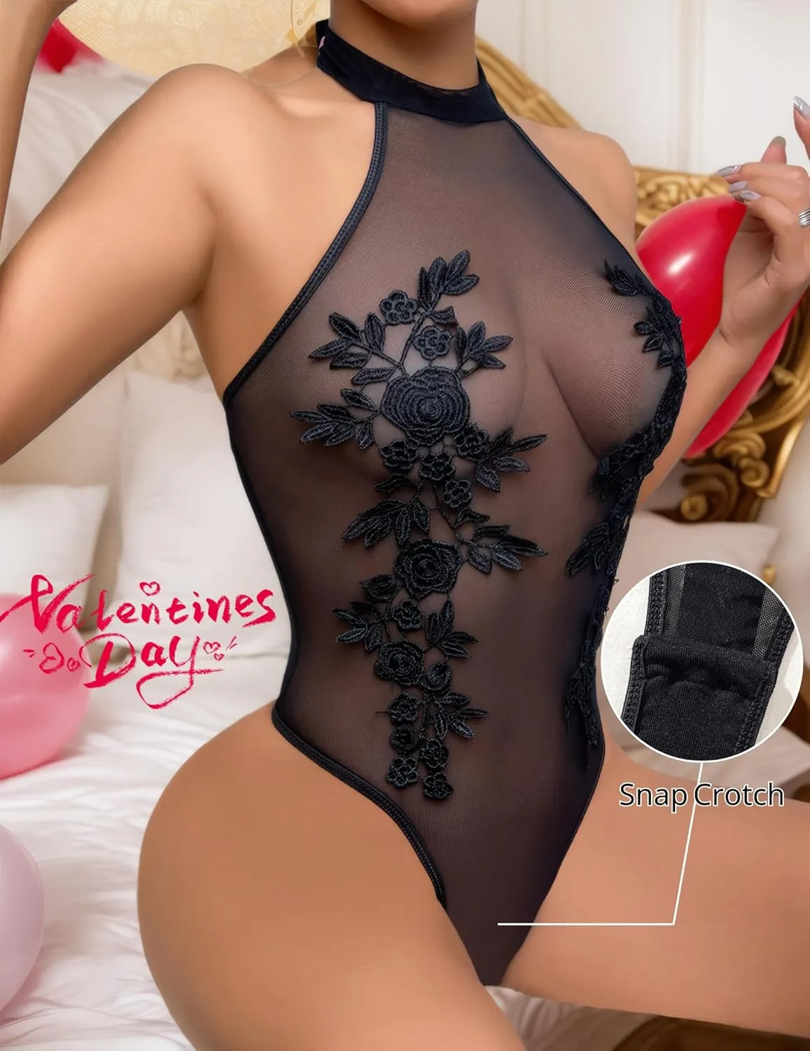 Women Teddy Lingerie Sexy Mesh Bodysuit Halter Snap Crotch Body Suits Sheer Emboroidered One Piece Babydoll
