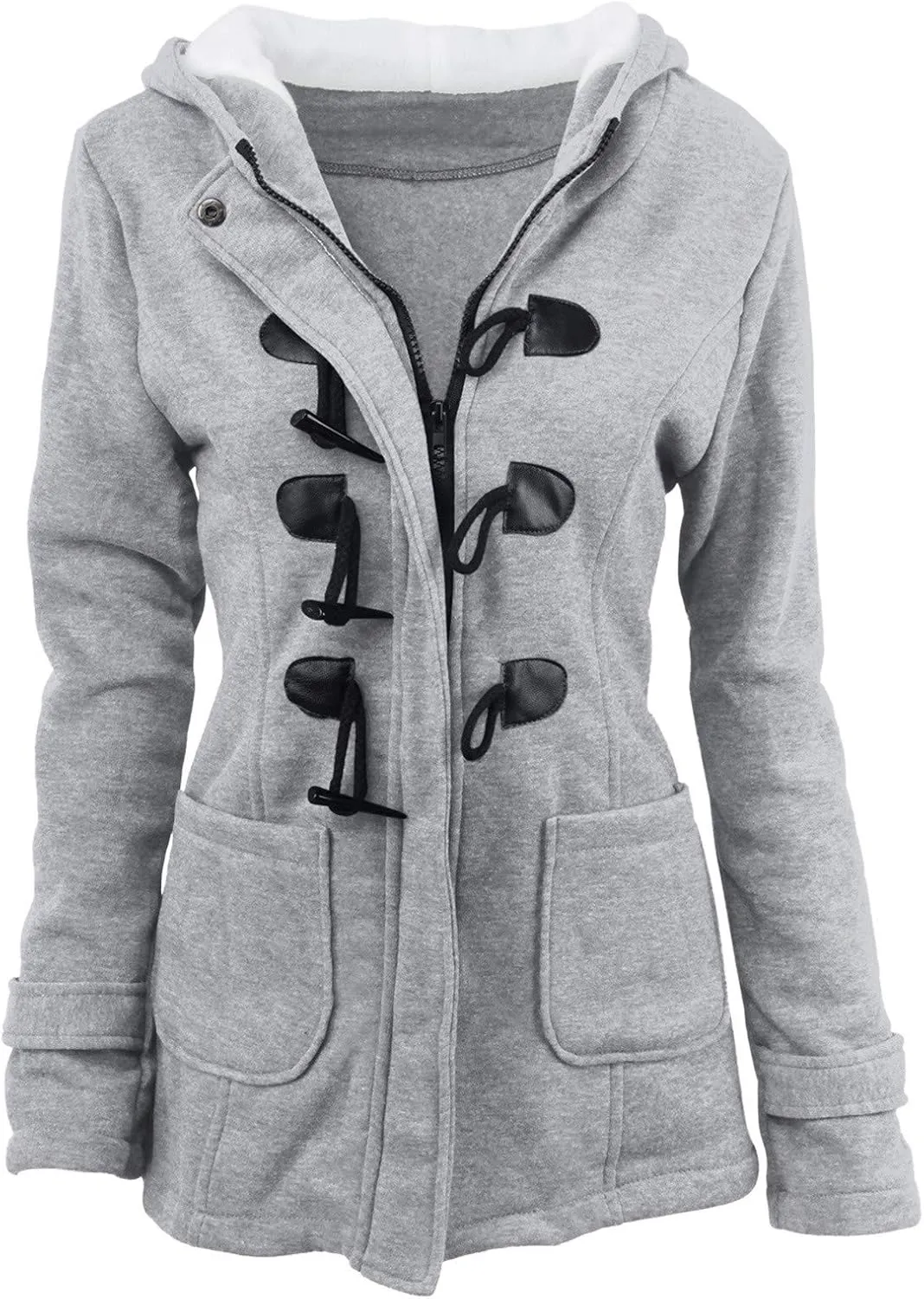 Women Trendy Horn Buttons Jackets Casual Fall Winter Coats Outwear Padded Hooded Parka Jacket Plain Overcoat