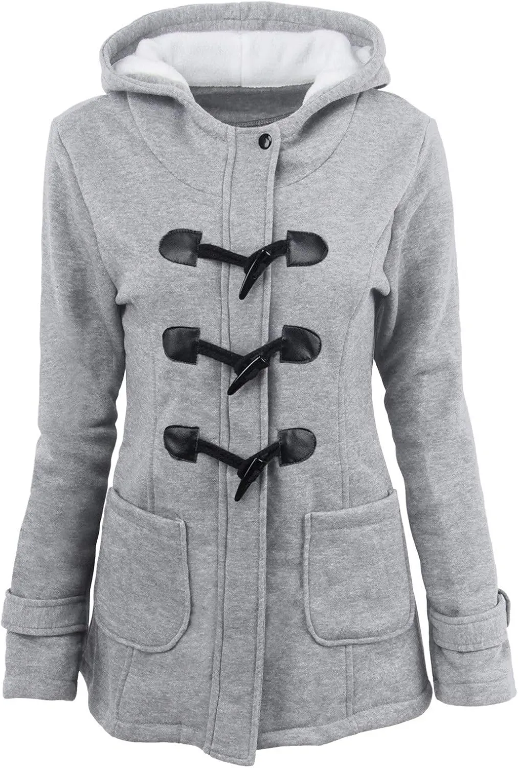Women Trendy Horn Buttons Jackets Casual Fall Winter Coats Outwear Padded Hooded Parka Jacket Plain Overcoat