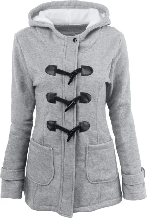 Women Trendy Horn Buttons Jackets Casual Fall Winter Coats Outwear Padded Hooded Parka Jacket Plain Overcoat