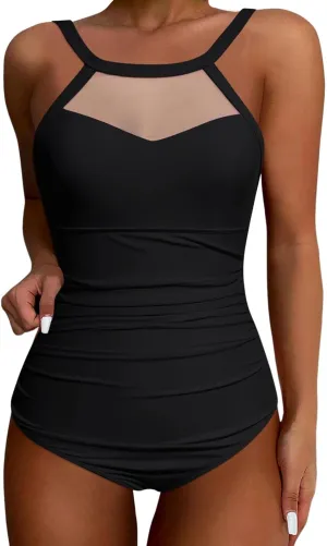 Women Tummy Control One Piece Swimsuit Sexy Mesh High Neck Cute Bathing Suit Backless Slimming Swimwear Monokinis
