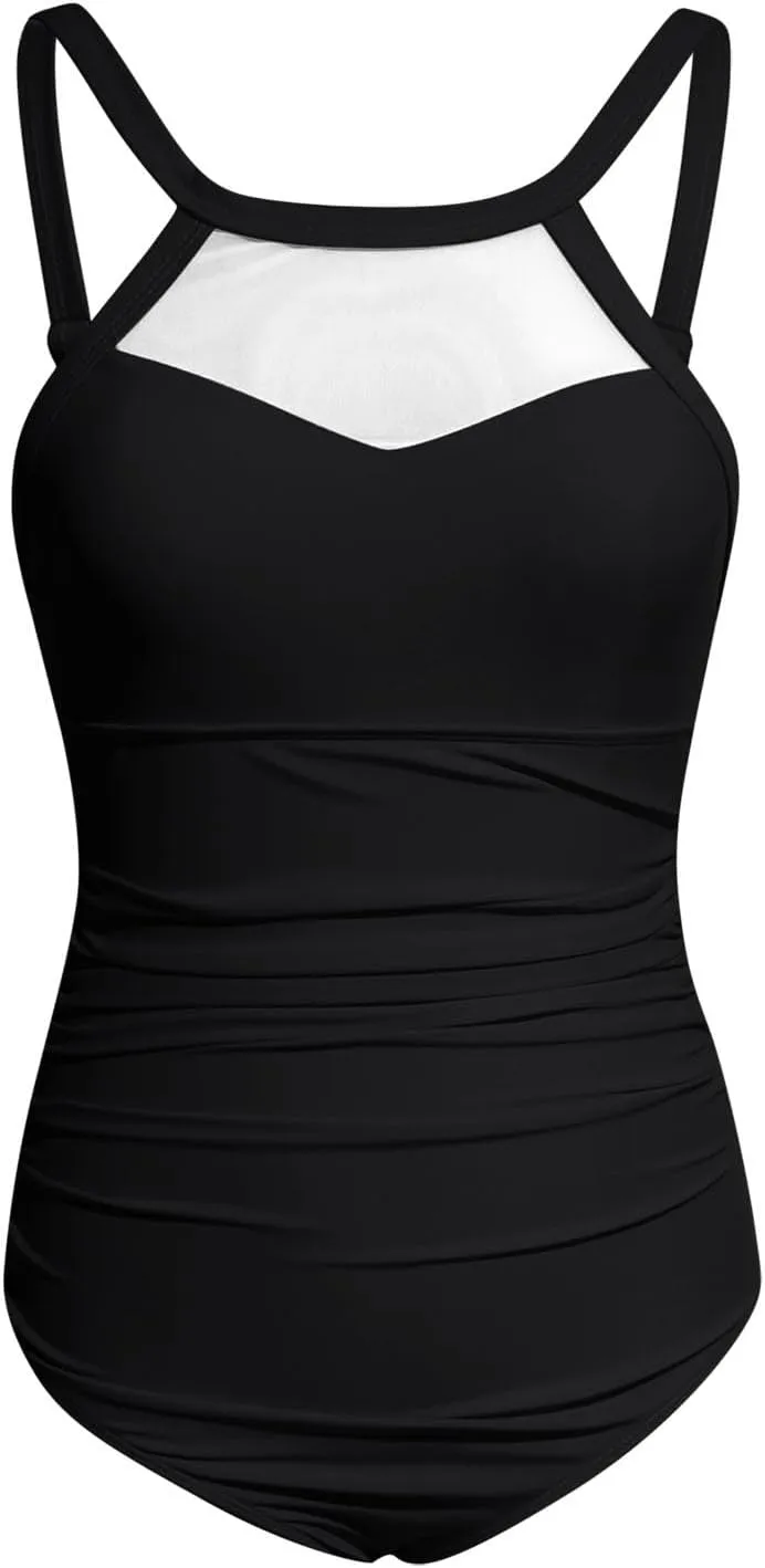 Women Tummy Control One Piece Swimsuit Sexy Mesh High Neck Cute Bathing Suit Backless Slimming Swimwear Monokinis