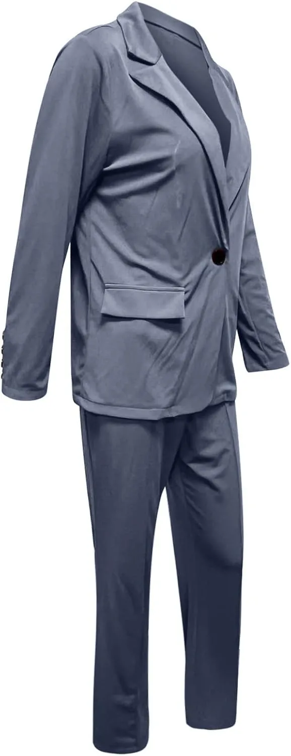Women Two Piece Lapels Suit Set Business Long Sleeve Button Formal Jacket Pant Suit Slim LooseTrouser Jacket Suit