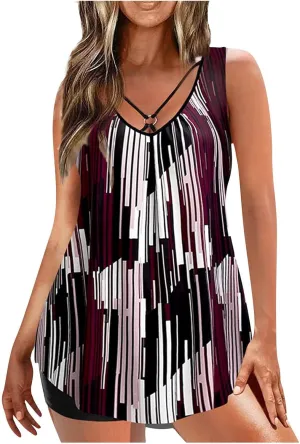 Women Two Piece Tankini Set Ruched Bathing Suit Tank Tops Swimsuit with Shorts (Available in Plus Size)