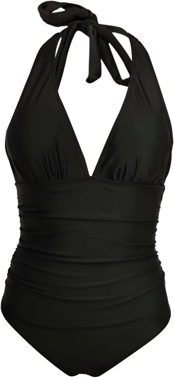Women V Neck One Piece Swimsuit Plunge Halter Backless Ruched Tummy Control Bathing Suit Slimming Vintage Swimwear