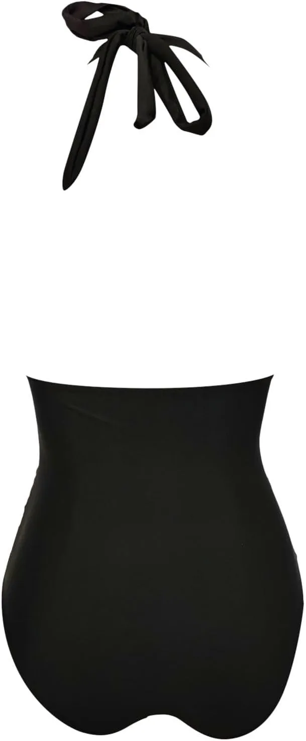 Women V Neck One Piece Swimsuit Plunge Halter Backless Ruched Tummy Control Bathing Suit Slimming Vintage Swimwear