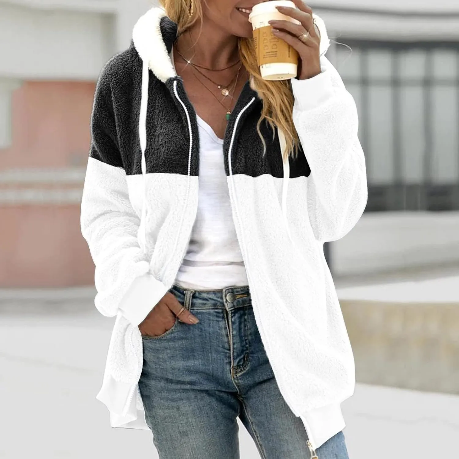 Women Winter Faux Fur Coat Trendy Long Sleeve Fuzzy Fleece Outerwear Zipper Sherpa Jackets with Hood Plus Size Tops